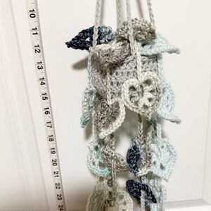 Crochet Hanging planter with Leaf Accents blues grays